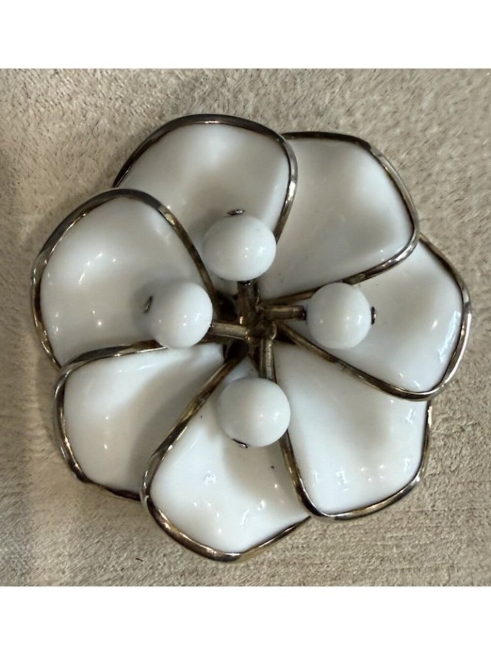 Crown Trifari Alfred Philippe Brooch Gold Tone Poured Milk Glass Camelia Flower